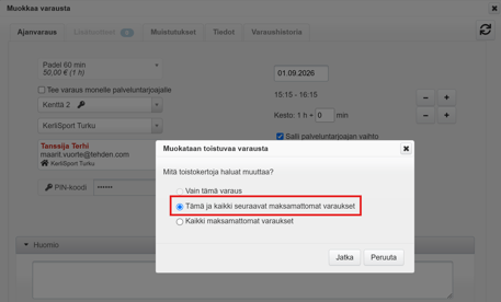varauksen muokkaus